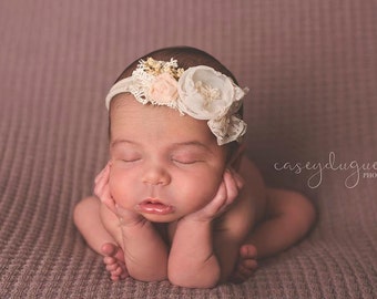 Newborn Headband Photography Prop, Baby Neutral Vintage Headband, Photo Outfit, Flower Tieback, Toddler Girl Birthday Headband, Hair Bows