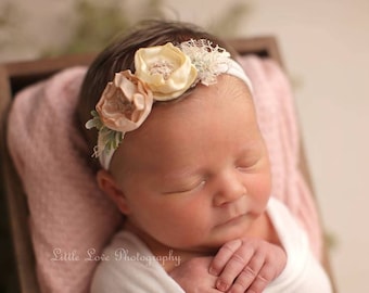 Newborn Photo Prop - Headband Tieback, Cream Blush Flowers Tieback, Baby Girl Prop, Floral Crown, Baby Tie Back, Spring Summer, Baby Halo