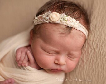 Newborn Tieback, Vintage Inspired Tieback, Cream Taupe Pink Tieback, Photo Prop, Vintage Headbands, Baby Halo, Rosette, Spring, Summer