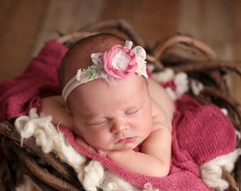 Newborn Tieback, Newborn Headband, Deep Mauve Flower Tieback, Newborn Photo Prop, Newborn Halo, Baby Tieback, Spring Tieback, Blush, Cream