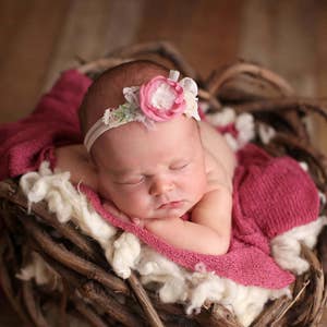 Newborn Tieback, Newborn Headband, Deep Mauve Flower Tieback, Newborn Photo Prop, Newborn Halo, Baby Tieback, Spring Tieback, Blush, Cream image 1