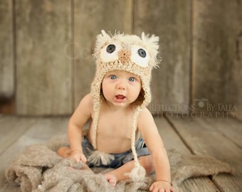 Newborn Owl Hat - Beige Owl - Fuzzy Baby Owl Hat - Crochet Hat Photo Prop - Boy Owl Hat - Girl Owl Hat - Winter Hat - Child Owl Hat