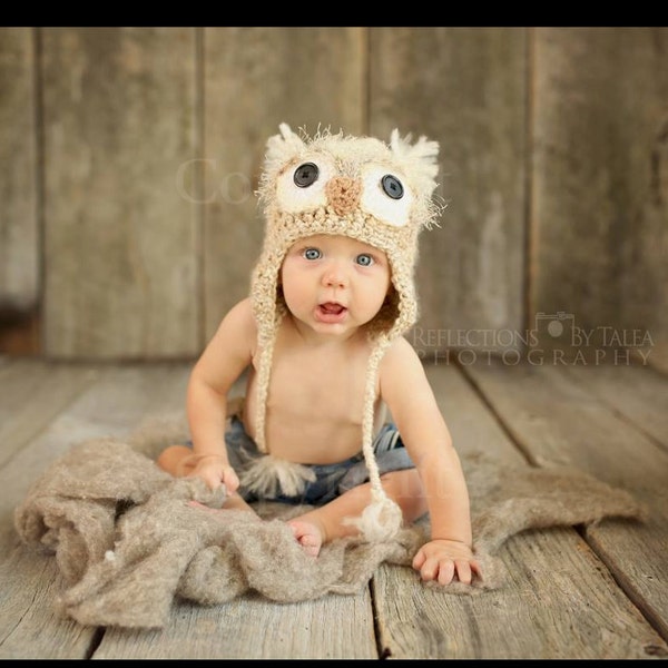 Newborn Owl Hat - Beige Owl - Fuzzy Baby Owl Hat - Crochet Hat Photo Prop - Boy Owl Hat - Girl Owl Hat - Winter Hat - Child Owl Hat