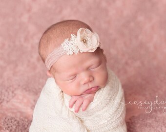 Newborn Tieback, Vintage Tieback, Cream Beige Mauve Tieback, Baby Tie Back, Lace, Newborn Headband, Flower Tieback, Dainty Halo, Baby Halo