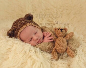 Teddy Bear Toy and Newborn Bear Hat - Newborn Photo Prop, Bear Bonnet, Crochet Teddy Bear, Brown Bear Bonnet, Hat and Stuffed Toy