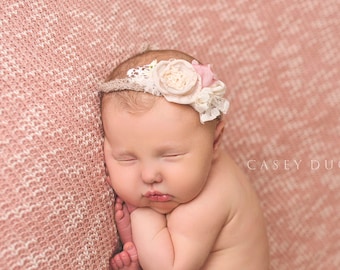 Newborn Tieback, Off White Cream Mauve Tieback, Newborn Spring Tie back, Headband, Vintage, Flower Lace Tieback, Baby Halo, Pastel, Neutral