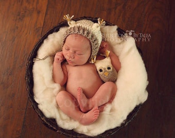 Owl Hat and Stuffed Owl Toy Set - Newborn Photo Prop, Owl Bonnet, Crochet Owl Toy, Crochet Hat & Toy, Baby Shower Gift, Cream Brown Owl Hat