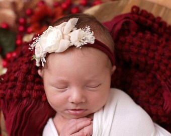 Christmas Baby Headband, Newborn Red Tieback, Cream Burgundy Tieback, Baby Girl Hair Bows, Toddler Christmas Headband Photo Prop, Baby Gift