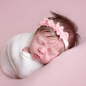 Newborn Tieback, Pink Bows Tieback, Newborn Tie Back Headband, Baby Headband, Vintage Pink, Lace, Newborn Photo Prop, Newborn Halo image 1
