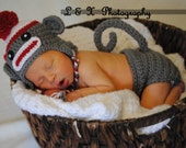 SET Sock Monkey Hat and Diaper Cover Baby Crochet Unique Photo Prop