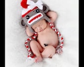 Sock Monkey Beanie Hat Baby Crocheted Unique Photo Prop Select Your Size
