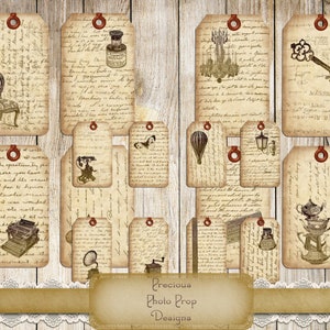 Vintage Script and Items Tags for Junk Journals Scrapbooks Planner, Digital Gift Tags Journal Cards, Grungy Antique Tags Printable