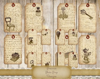 Vintage Script and Items Tags for Junk Journals Scrapbooks Planner, Digital Gift Tags Journal Cards, Grungy Antique Tags Printable