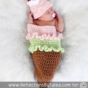 ICE CREAM CONE Cocoon and Beanie Hat Set Crochet Newborn Baby Photo Prop image 2