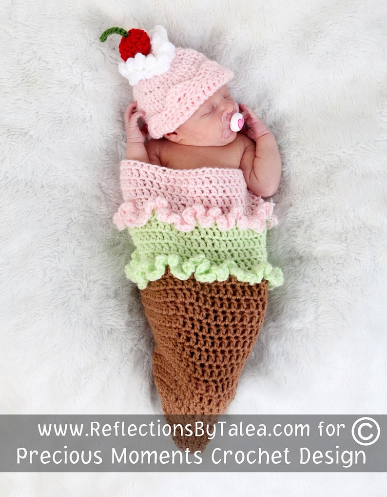 ICE CREAM CONE Cocoon and Beanie Hat Set Crochet Newborn Baby Photo Prop image 2