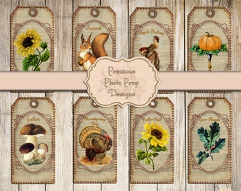 Vintage Fall Ephemera Printable for Junk Journals, Digital Autumn Tags Cards Télécharger pour Scrapbook Planner, Pumpkin Thanksgiving Sunflowers