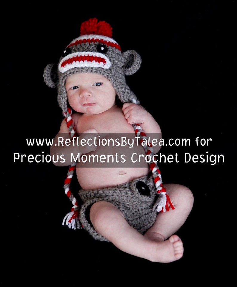 SET Sock Monkey Hat and Diaper Cover Baby Crochet Unique Photo Prop image 2