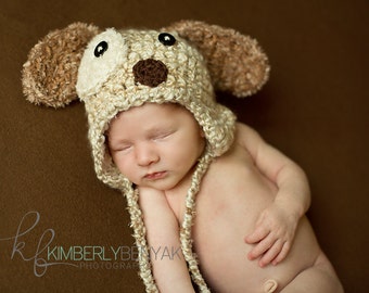 Newborn Puppy Hat with Earflaps, Baby Puppy Hat Crochet Photo Prop
