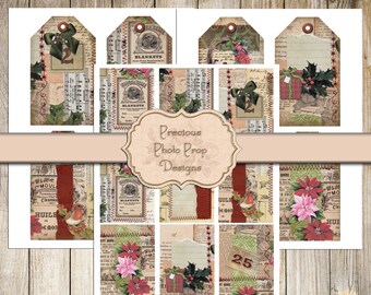 Printable Junk Journal Vintage Christmas Collage Tags and Cards, Digital Christmas Stitching Journaling Cards for Journals Planner Scrapbook