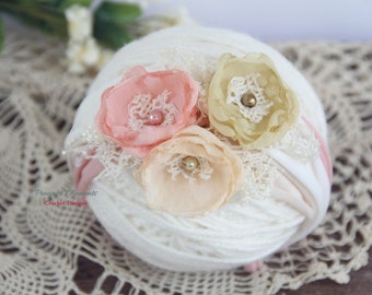 Newborn Tieback Headbands SET, Cream Pink Yellow Tieback, Newborn Tie Back Headband, Vintage Headband, Flower Tieback, Newborn Photo Prop