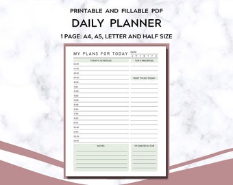 Daily Planner Printable, Daily To Do List Printable, Fillable PDF File, Minimalist Daily Planner, Productivity Organizer Template Journal