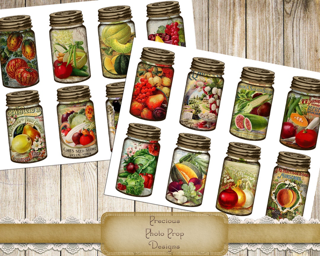 Printable Junk Journal Vintage Fruit Mason Jars, Digital Vegetables ...
