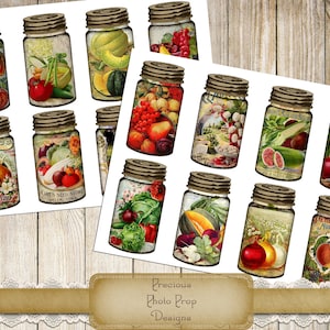 Diario de basura imprimible Vintage Fruit Mason Jars, Digital Vegetables Berries Journaling Cards for Journals Planners Scrapbooks, Acción de Gracias