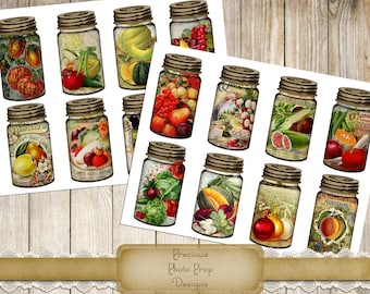 Printable Junk Journal Vintage Fruit Mason Jars, Digital Vegetables Berries Journaling Cards for Journals Planners Scrapbooks, Thanksgiving