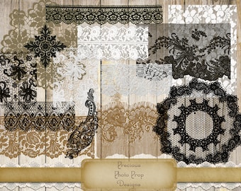 Vintage Lace Kit Clipart Overlays for Junk Journals, Delicate Lace Trims Digital Download for Scrapbook Planner, Vector Border PNG Ephemera