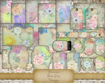 Kit de efemérides botánicas de acuarela de primavera imprimible para diarios basura, tarjetas de diario de papel vintage etiquetas digitales para el planificador de scrapbook