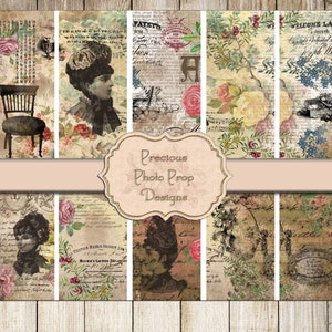 Könnte beinhalten: Ein Set mit 10 digitalen Collage-Blättern mit Vintage-Bildern mit floralen Mustern, Text und einem Stuhl. Die Blätter sind perfekt für Scrapbooking, Kartenherstellung und andere Bastelprojekte.