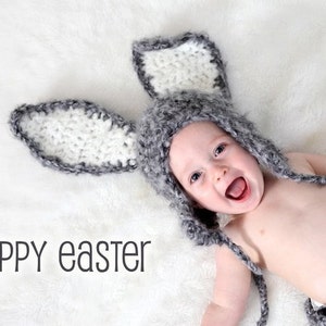 Baby Easter Hat, Gray Bunny Hat with Floppy Ears, Newborn Baby Crocheted PHOTO PROP image 2