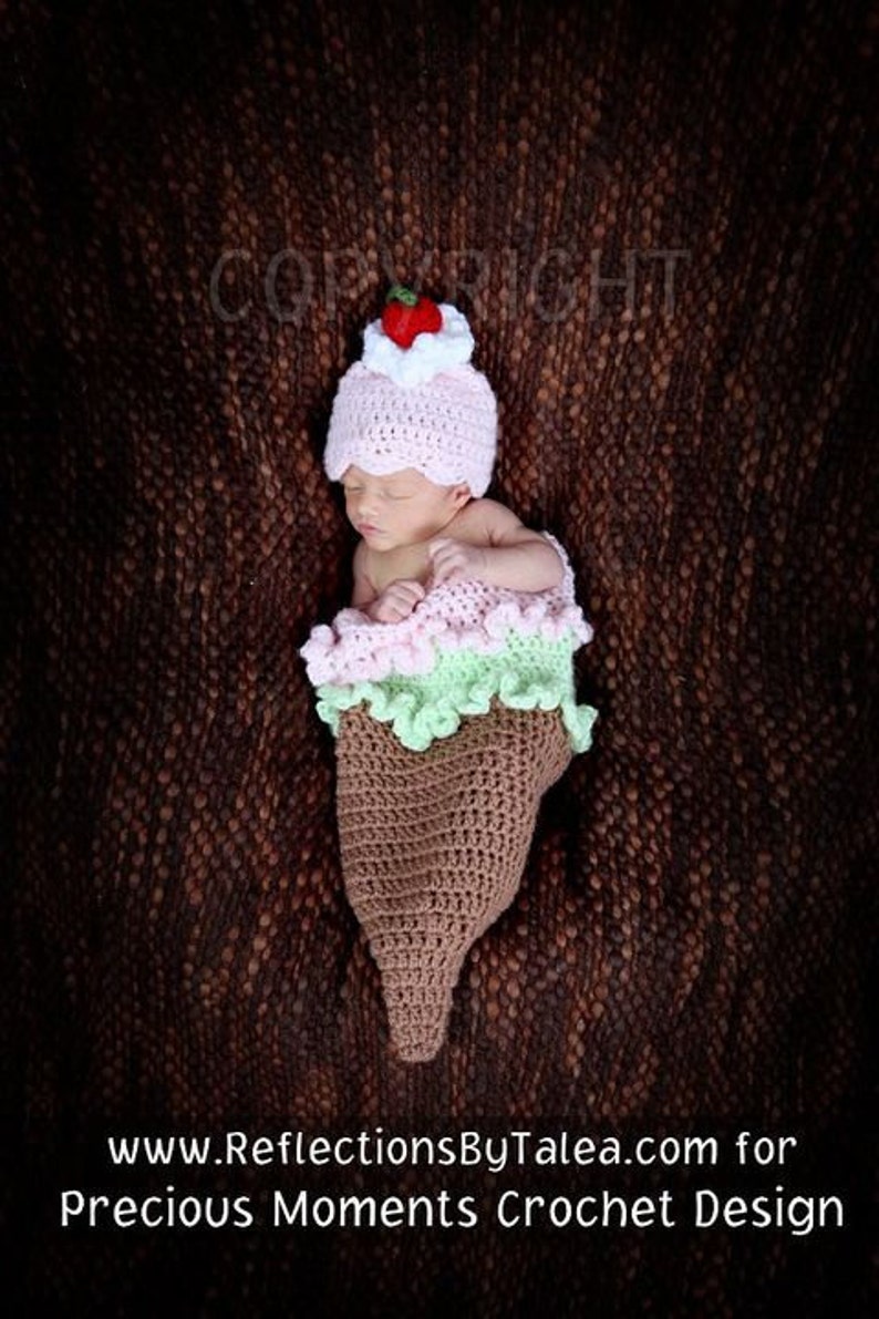 ICE CREAM CONE Cocoon and Beanie Hat Set, Baby Girl Cocoon, Newborn Cocoon, Crochet Newborn Baby Photo Prop image 2