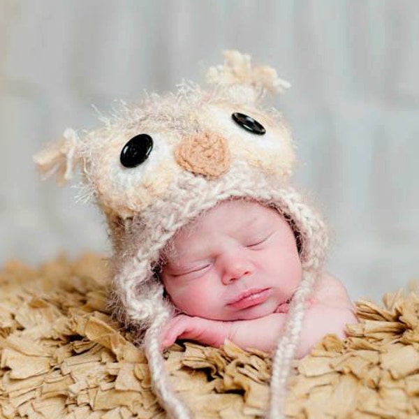 Newborn Baby Owl Hat, Boy or Girl Gender Neutral Owl Hat, Fuzzy Beige Bird Beanie - Crochet Newborn Photo Prop, Winter Fall Hat for Baby