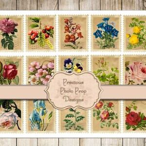 Vintage Ephemera Printable for Junk Journals, Vintage Postal Stamps Digital Scrapbook Download, Floral Botanical Mail Stamps for Envelope