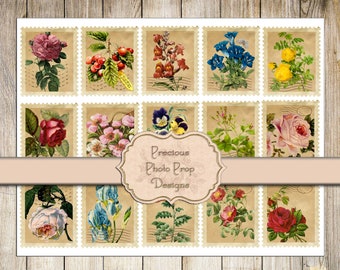 Vintage Ephemera Printable for Junk Journals, Vintage Postal Stamps Digital Scrapbook Download, Floral Botanical Mail Stamps for Envelopes