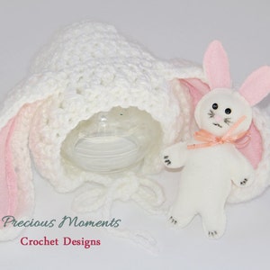 Baby Bunny Hat with Floppy Ears, Newborn Easter Bunny Hat, Baby Girl Bunny Hat, Pink Ears, White Bunny, Bunny Toy, Newborn Photo Prop image 2