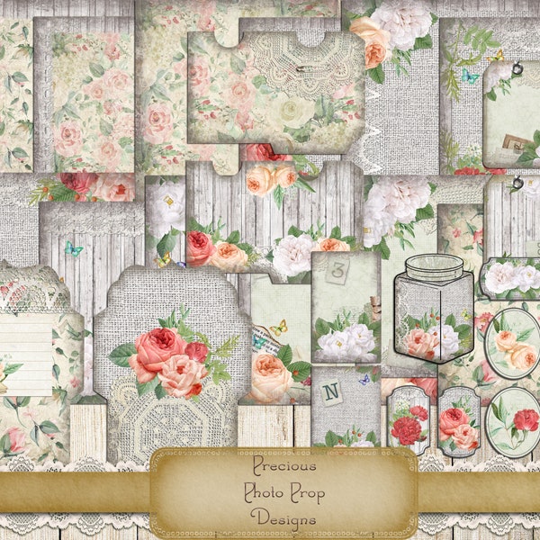 Spring Garden Ephemera Kit Printable for Junk Journals, Vintage Roses Paper Journal Cards Tags Labels Digital Download for Scrapbook Planner