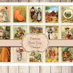 Vintage Ephemera Printable for Junk Journals, Vintage Fall Postal Stamps Digital Scrapbook Download, Thanksgiving Mail Stamps for Envelope