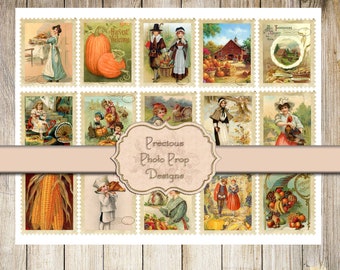 Vintage Ephemera Printable for Junk Journals, Vintage Fall Postal Stamps Digital Scrapbook Download, Thanksgiving Mail Stamps for Envelopes