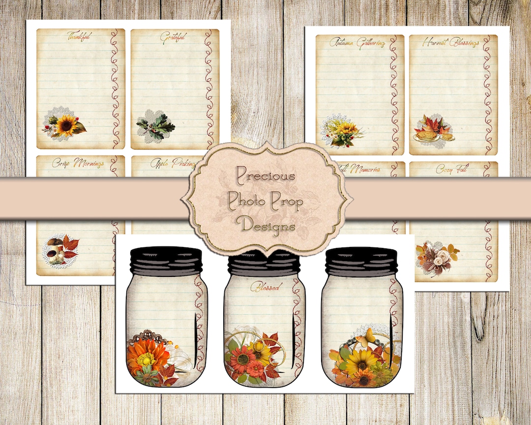 Printable Junk Journal Kit Vintage Fall Lined Cards and Mason Jars ...