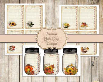 Printable Junk Journal Kit Vintage Fall Lined Cards and Mason Jars, Digital Autumn Stitched Note Cards for Journals Planners Scrapbooks