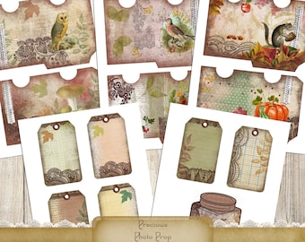 Vintage Fall Ephemera Printable for Junk Journals, Digital Autumn Pockets and Tags Download for Scrapbook Planner, Pumpkin Thanksgiving