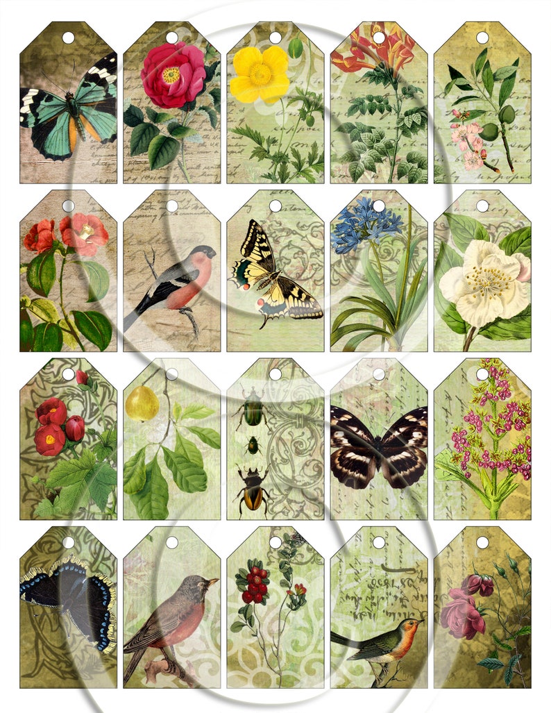 Printable Junk Journal Botanical Tags, Digital Vintage Nature Gift Tags ...
