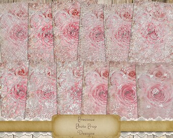 Vintage Lace Cards Digital Download for Junk Journal Planners Scrapbooks, Antique Journaling Cards Digital Printable, Pink Valentine Shabby