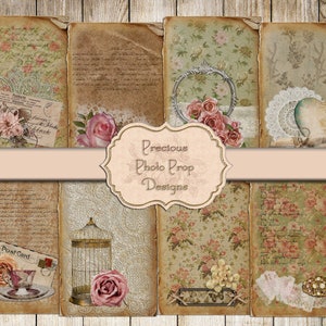 Junk Journals Vintage Ephemera Printable, Antique Floral and Lace Cards Download for Scrapbook, Grungy Roses Script Journal Note Cards Tags