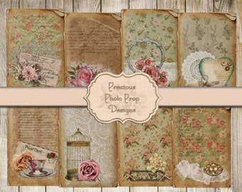 Junk Journals Vintage Ephemera Printable, Antique Floral and Lace Cards Download for Scrapbook, Grungy Roses Script Journal Note Cards Tags