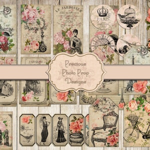 Vintage francés ephemera kit imprimible para revistas basura, tarjetas de diario etiquetas etiquetas anuncios de descarga digital para Scrapbook Planner Moda París