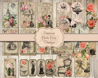 Vintage Franse kortstondige Kit afdrukbare voor junk journals, Journal cards Tags Labels advertenties digitale download voor ScrapBook planner Fashion Paris