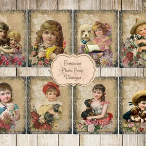 Junk Journal para impressão de crianças e animais de estimação vintage, cartões postais de diário, download digital para impressão para planejador de álbum de recortes, coisas efêmeras vitorianas